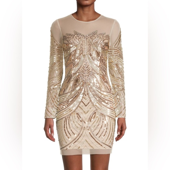aidan mattox long sleeve dress Aidan by Aidan Mattox Metallic V-Neck Long-Sleeve Dress